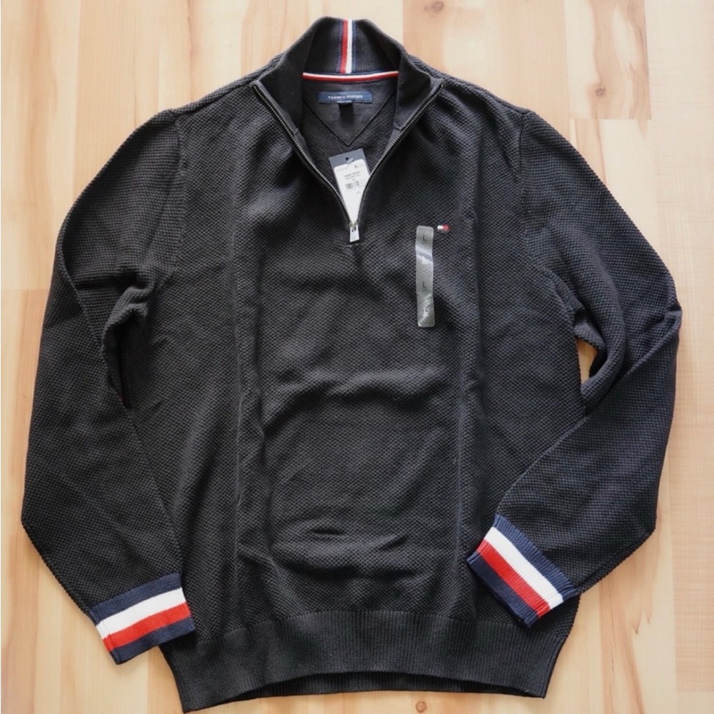Tommy Hilfiger quater zip  Men's Black Sweater with Red and White Accents